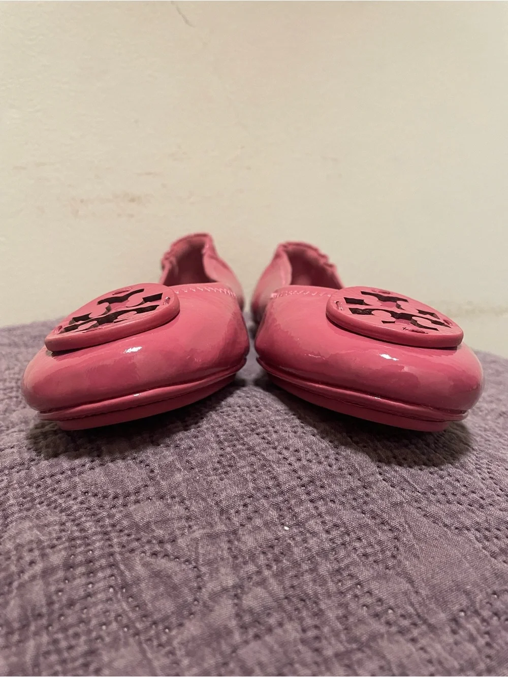 Tory Burch Minnie Travel Ballet Flats Washed Berry Pink Patent Leather 8M